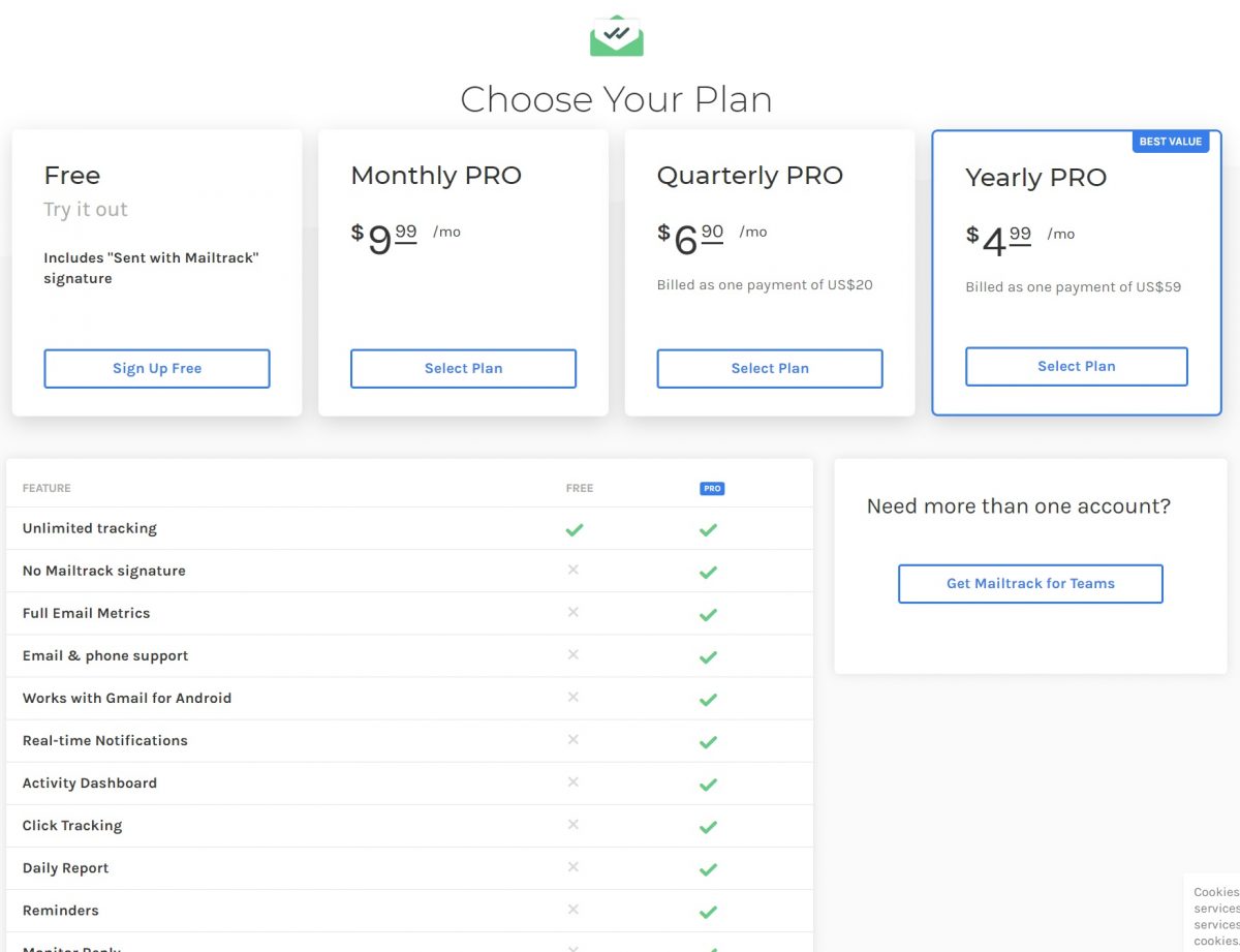 Mailtrackの料金プラン