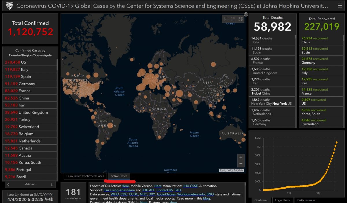 累計感染者数から回復者数を差し引いた、今現在の感染者数を表す世界地図
